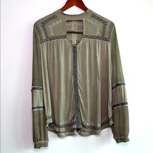 POL‎ Boho Embroidered Long Sleeve Top Olive Green Size Large Festival Indie